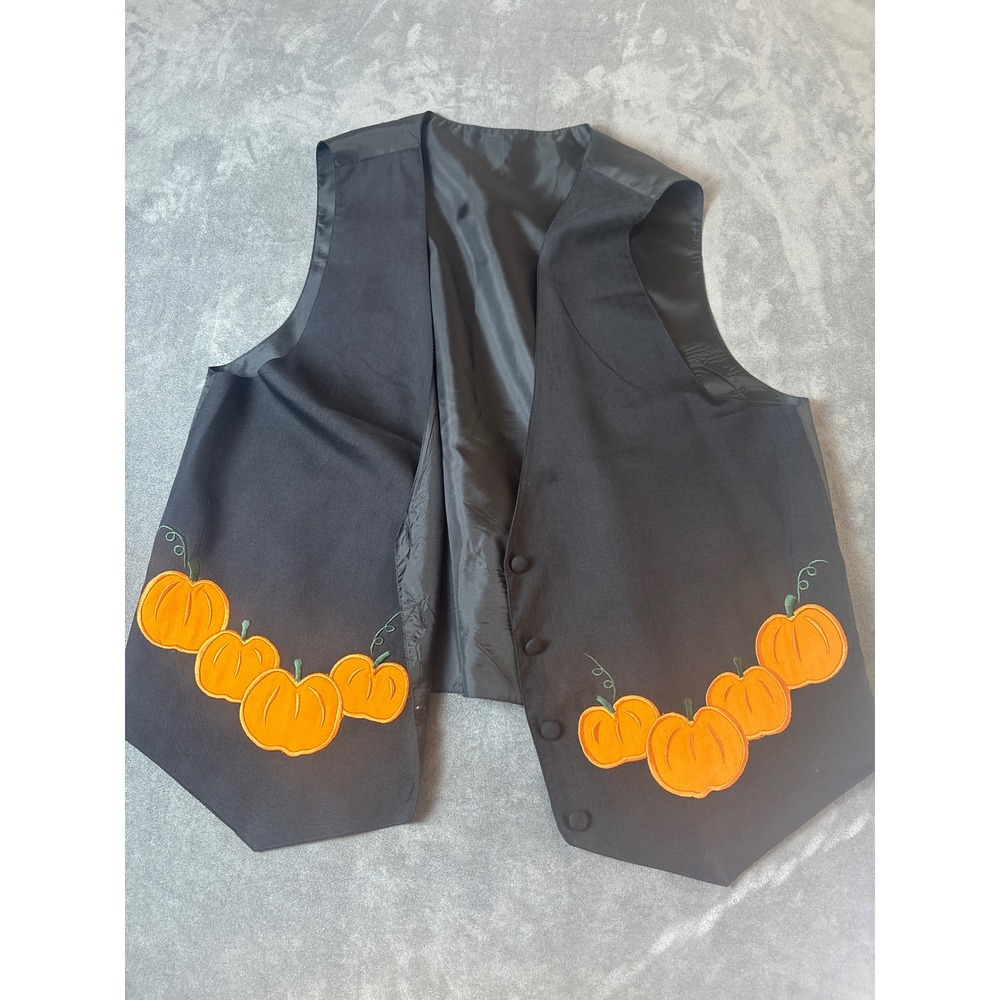 Vintage Halloween Pumpkin Silk Vest Black Embroidered XL RN 17730